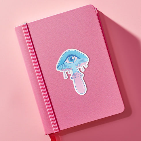 Surreal eyeball mushroom sticker in pastel colors, ideal for decorating laptops, phones, and water bottles. Available in Prism, Gem, and Glitter finishes. Handmade in Austin, Texas.