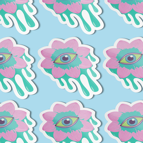 Trippy eyeball flower sticker in pastel pink and green, ideal for quirky and weirdcore enthusiasts. Available in Prism, Gem, and Glitter finishes. Handmade in Austin, Texas.