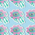 Trippy eyeball flower sticker in pastel pink and green, ideal for quirky and weirdcore enthusiasts. Available in Prism, Gem, and Glitter finishes. Handmade in Austin, Texas.