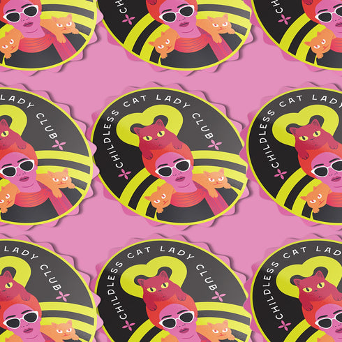 Vibrant oval sticker reading "Childless Cat Lady Club". Features cartoon woman with sunglasses surrounded by cats. Bold retro design in pink, yellow, and red.