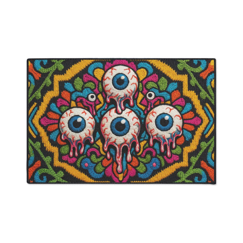 Rectangular doormat with a black background and black edge trim, printed in a flat 2D faux embroidery style. A golden yellow stepped octagon frames four large bloodshot eyeballs with blue irises and dripping pink, with two small peeking eyes among the florals. Hot pink, orange, turquoise, and green folk art petals and green vines fill the corners. Polyester surface with a low pile and non-slip rubber backing. Psychedelic 70s creepy cute decor.