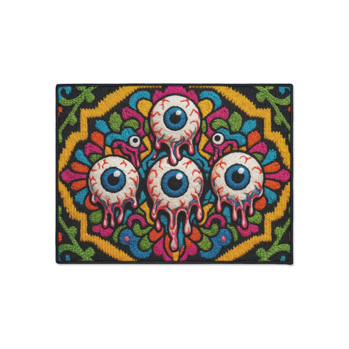 Rectangular doormat with a black background and black edge trim, printed in a flat 2D faux embroidery style. A golden yellow stepped octagon frames four large bloodshot eyeballs with blue irises and dripping pink, with two small peeking eyes among the florals. Hot pink, orange, turquoise, and green folk art petals and green vines fill the corners. Polyester surface with a low pile and non-slip rubber backing. Psychedelic 70s creepy cute decor.