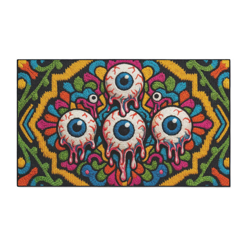 Rectangular doormat with a black background and black edge trim, printed in a flat 2D faux embroidery style. A golden yellow stepped octagon frames four large bloodshot eyeballs with blue irises and dripping pink, with two small peeking eyes among the florals. Hot pink, orange, turquoise, and green folk art petals and green vines fill the corners. Polyester surface with a low pile and non-slip rubber backing. Psychedelic 70s creepy cute decor.