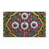 Rectangular doormat with a black background and black edge trim, printed in a flat 2D faux embroidery style. A golden yellow stepped octagon frames four large bloodshot eyeballs with blue irises and dripping pink, with two small peeking eyes among the florals. Hot pink, orange, turquoise, and green folk art petals and green vines fill the corners. Polyester surface with a low pile and non-slip rubber backing. Psychedelic 70s creepy cute decor.