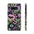Dual layer phone case in matte or glossy with a 2D print that mimics thick crochet and yarn embroidery. Black bats, pink and green dripping slime, all-seeing eyes with lashes, purple and green daisies, and twisting pink and black checkered worms scatter across a black knit-look background. Smooth printed surface with no raised threads, open ports, and camera cutout. Pastel goth, creepy cute, whimsigoth, spooky maximalist phone accessory and gift.