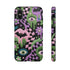 Dual layer phone case in matte or glossy with a 2D print that mimics thick crochet and yarn embroidery. Black bats, pink and green dripping slime, all-seeing eyes with lashes, purple and green daisies, and twisting pink and black checkered worms scatter across a black knit-look background. Smooth printed surface with no raised threads, open ports, and camera cutout. Pastel goth, creepy cute, whimsigoth, spooky maximalist phone accessory and gift.