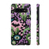 Dual layer phone case in matte or glossy with a 2D print that mimics thick crochet and yarn embroidery. Black bats, pink and green dripping slime, all-seeing eyes with lashes, purple and green daisies, and twisting pink and black checkered worms scatter across a black knit-look background. Smooth printed surface with no raised threads, open ports, and camera cutout. Pastel goth, creepy cute, whimsigoth, spooky maximalist phone accessory and gift.