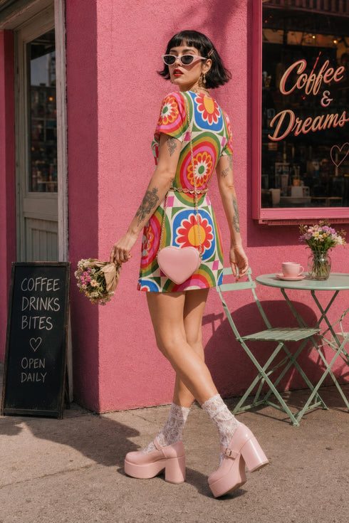 Short sleeve crew neck t-shirt dress in a relaxed, oversized straight cut, made of 100% polyester with a soft matte finish. An edge-to-edge all-over print on a cream background shows 60s daisies in red, yellow, and white set inside concentric rings of lime green, hot pink, orange, and royal blue, with magenta squares and red checkerboard accents. Retro 60s mod, flower power, rainbow maximalist alt fashion.