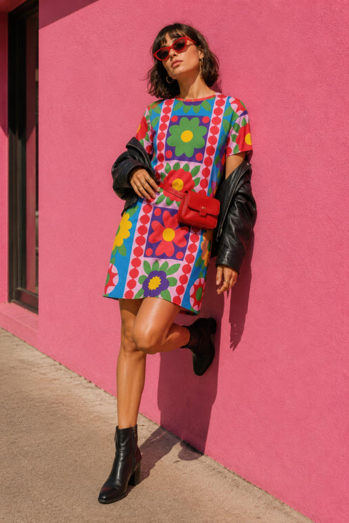 Short sleeve crew neck t-shirt dress in a relaxed, oversized straight cut, made of 100% polyester with a soft matte finish. An edge-to-edge all-over print shows 70s mod flowers in red, green, yellow, and purple set inside quilt-style patchwork panels of hot pink, royal blue, and lavender, divided by vertical stripes of red and pink polka dots. Retro 70s hippie, patchwork quilt, dopamine dressing maximalist alt fashion.