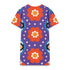 Short sleeve crew neck t-shirt dress in a relaxed, oversized straight cut, made of 100% polyester with a soft matte finish. An edge-to-edge all-over print on a medium purple background shows vertically stacked daisies with orange petals and yellow centers, scattered white four-point stars, and blue and green wavy side borders filled with small black and white daisies. Retro 70s floral, groovy maximalist alt fashion.