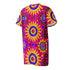 Short sleeve crew neck t-shirt dress in a relaxed, oversized straight cut, made of 100% polyester with a soft matte finish. An edge-to-edge all-over print shows yellow radial sunburst medallions with jagged rays on a hot pink background, layered blue and pink circular centers, rows of small blue stars, a partial eye near the top, and dark charcoal swirling vine filigree along the hem. Psychedelic 70s retro, celestial, whimsigoth maximalist alt fashion.