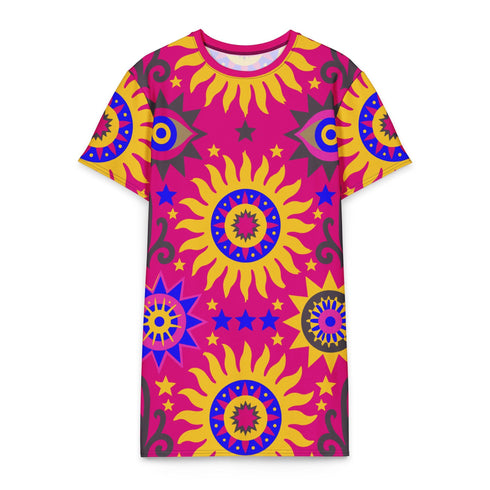Short sleeve crew neck t-shirt dress in a relaxed, oversized straight cut, made of 100% polyester with a soft matte finish. An edge-to-edge all-over print shows yellow radial sunburst medallions with jagged rays on a hot pink background, layered blue and pink circular centers, rows of small blue stars, a partial eye near the top, and dark charcoal swirling vine filigree along the hem. Psychedelic 70s retro, celestial, whimsigoth maximalist alt fashion.