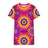 Short sleeve crew neck t-shirt dress in a relaxed, oversized straight cut, made of 100% polyester with a soft matte finish. An edge-to-edge all-over print shows yellow radial sunburst medallions with jagged rays on a hot pink background, layered blue and pink circular centers, rows of small blue stars, a partial eye near the top, and dark charcoal swirling vine filigree along the hem. Psychedelic 70s retro, celestial, whimsigoth maximalist alt fashion.