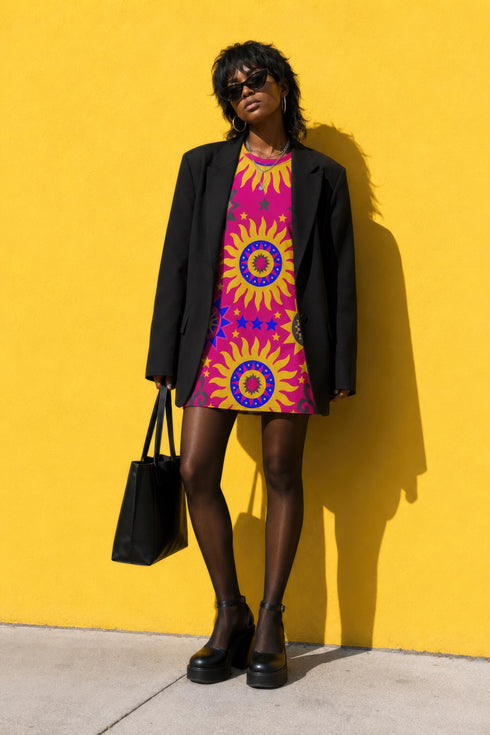 Short sleeve crew neck t-shirt dress in a relaxed, oversized straight cut, made of 100% polyester with a soft matte finish. An edge-to-edge all-over print shows yellow radial sunburst medallions with jagged rays on a hot pink background, layered blue and pink circular centers, rows of small blue stars, a partial eye near the top, and dark charcoal swirling vine filigree along the hem. Psychedelic 70s retro, celestial, whimsigoth maximalist alt fashion.