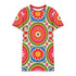 Short sleeve crew neck t-shirt dress in a relaxed, oversized straight cut, made of 100% polyester with a soft matte finish. An edge-to-edge all-over print on a cream background shows 60s daisies in red, yellow, and white set inside concentric rings of lime green, hot pink, orange, and royal blue, with magenta squares and red checkerboard accents. Retro 60s mod, flower power, rainbow maximalist alt fashion.