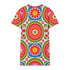 Short sleeve crew neck t-shirt dress in a relaxed, oversized straight cut, made of 100% polyester with a soft matte finish. An edge-to-edge all-over print on a cream background shows 60s daisies in red, yellow, and white set inside concentric rings of lime green, hot pink, orange, and royal blue, with magenta squares and red checkerboard accents. Retro 60s mod, flower power, rainbow maximalist alt fashion.