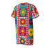 Short sleeve crew neck t-shirt dress in a relaxed, oversized straight cut, made of 100% polyester with a soft matte finish. An edge-to-edge all-over print shows 70s mod flowers in red, green, yellow, and purple set inside quilt-style patchwork panels of hot pink, royal blue, and lavender, divided by vertical stripes of red and pink polka dots. Retro 70s hippie, patchwork quilt, dopamine dressing maximalist alt fashion.