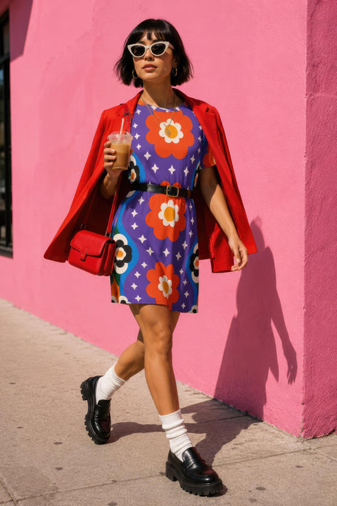 Short sleeve crew neck t-shirt dress in a relaxed, oversized straight cut, made of 100% polyester with a soft matte finish. An edge-to-edge all-over print on a medium purple background shows vertically stacked daisies with orange petals and yellow centers, scattered white four-point stars, and blue and green wavy side borders filled with small black and white daisies. Retro 70s floral, groovy maximalist alt fashion.