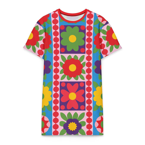 Short sleeve crew neck t-shirt dress in a relaxed, oversized straight cut, made of 100% polyester with a soft matte finish. An edge-to-edge all-over print shows 70s mod flowers in red, green, yellow, and purple set inside quilt-style patchwork panels of hot pink, royal blue, and lavender, divided by vertical stripes of red and pink polka dots. Retro 70s hippie, patchwork quilt, dopamine dressing maximalist alt fashion.