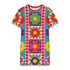 Short sleeve crew neck t-shirt dress in a relaxed, oversized straight cut, made of 100% polyester with a soft matte finish. An edge-to-edge all-over print shows 70s mod flowers in red, green, yellow, and purple set inside quilt-style patchwork panels of hot pink, royal blue, and lavender, divided by vertical stripes of red and pink polka dots. Retro 70s hippie, patchwork quilt, dopamine dressing maximalist alt fashion.