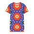 Short sleeve crew neck t-shirt dress in a relaxed, oversized straight cut, made of 100% polyester with a soft matte finish. An edge-to-edge all-over print on a medium purple background shows vertically stacked daisies with orange petals and yellow centers, scattered white four-point stars, and blue and green wavy side borders filled with small black and white daisies. Retro 70s floral, groovy maximalist alt fashion.