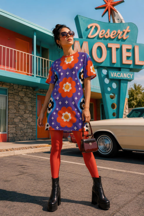Short sleeve crew neck t-shirt dress in a relaxed, oversized straight cut, made of 100% polyester with a soft matte finish. An edge-to-edge all-over print on a medium purple background shows vertically stacked daisies with orange petals and yellow centers, scattered white four-point stars, and blue and green wavy side borders filled with small black and white daisies. Retro 70s floral, groovy maximalist alt fashion.