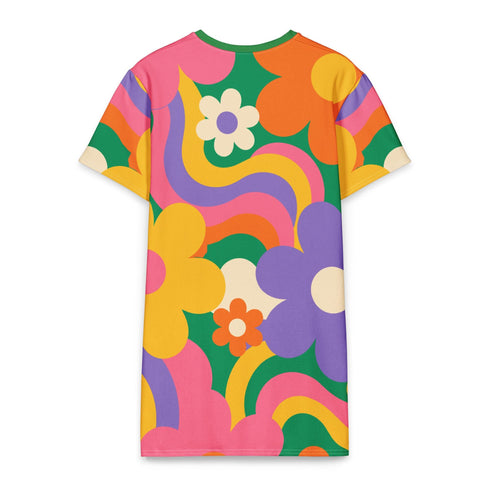 Short sleeve crew neck t-shirt dress in a relaxed, oversized straight cut, made of 100% polyester with a soft matte finish. An edge-to-edge all-over print shows pop-art daisies in cream, yellow, orange, and purple layered over wavy psychedelic stripes of hot pink, kelly green, orange, purple, and yellow. Retro 60s mod, flower power, psychedelic pop art, dopamine dressing maximalist alt fashion for festivals.