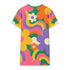 Short sleeve crew neck t-shirt dress in a relaxed, oversized straight cut, made of 100% polyester with a soft matte finish. An edge-to-edge all-over print shows pop-art daisies in cream, yellow, orange, and purple layered over wavy psychedelic stripes of hot pink, kelly green, orange, purple, and yellow. Retro 60s mod, flower power, psychedelic pop art, dopamine dressing maximalist alt fashion for festivals.