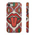 Dual layer matte phone case with a 2D print that mimics heavy crochet and thick knit yarn. A large open mouth with bright red lips and a red tongue sticking out sits at the center of a cream background, surrounded by mirrored teardrop and flame shapes in bright orange, dark green, and hot pink with black stitch-style outlines. Smooth printed surface with no raised threads, open ports, and camera cutout. Psychedelic 70s pop art phone accessory.