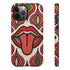 Dual layer matte phone case with a 2D print that mimics heavy crochet and thick knit yarn. A large open mouth with bright red lips and a red tongue sticking out sits at the center of a cream background, surrounded by mirrored teardrop and flame shapes in bright orange, dark green, and hot pink with black stitch-style outlines. Smooth printed surface with no raised threads, open ports, and camera cutout. Psychedelic 70s pop art phone accessory.