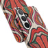 Dual layer matte phone case with a 2D print that mimics heavy crochet and thick knit yarn. A large open mouth with bright red lips and a red tongue sticking out sits at the center of a cream background, surrounded by mirrored teardrop and flame shapes in bright orange, dark green, and hot pink with black stitch-style outlines. Smooth printed surface with no raised threads, open ports, and camera cutout. Psychedelic 70s pop art phone accessory.
