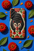 Dual layer matte phone case with a 2D print that mimics thick crewel embroidery. An angry black possum with a white face, bared sharp teeth, and bright red eyes and claws sits at the center on a cream background, framed by a symmetrical border of red folk art daisies with yellow centers and green leaves. Smooth printed surface with no raised threads, open ports, and a precise camera cutout. Goblincore, creepy cute, maximalist phone accessory.