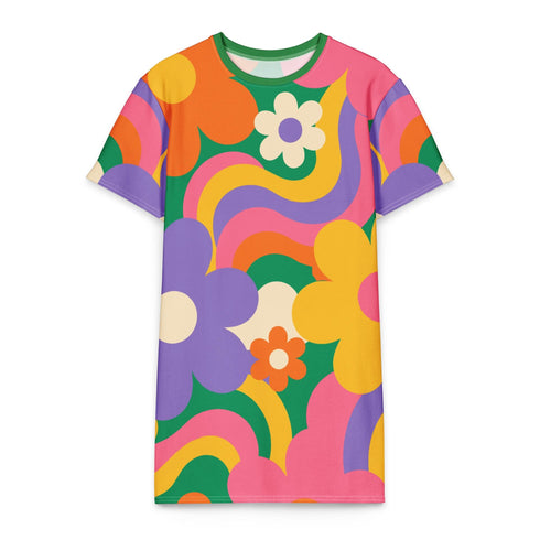 Short sleeve crew neck t-shirt dress in a relaxed, oversized straight cut, made of 100% polyester with a soft matte finish. An edge-to-edge all-over print shows pop-art daisies in cream, yellow, orange, and purple layered over wavy psychedelic stripes of hot pink, kelly green, orange, purple, and yellow. Retro 60s mod, flower power, psychedelic pop art, dopamine dressing maximalist alt fashion for festivals.