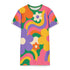 Short sleeve crew neck t-shirt dress in a relaxed, oversized straight cut, made of 100% polyester with a soft matte finish. An edge-to-edge all-over print shows pop-art daisies in cream, yellow, orange, and purple layered over wavy psychedelic stripes of hot pink, kelly green, orange, purple, and yellow. Retro 60s mod, flower power, psychedelic pop art, dopamine dressing maximalist alt fashion for festivals.