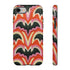 Dual layer matte phone case with a 2D print that mimics thick, heavy crochet yarn. Rows of stacked black bats repeat across a vibrant rust-orange background, accented with bright pink faux yarn bobbles and framed by cream arched lines. Smooth printed surface with no raised threads, open ports, and a precise camera cutout. Pastel goth, creepy cute, Summerween and Halloween phone accessory with a cozy handmade look.