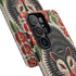 Dual layer matte phone case with a 2D print that mimics thick crewel embroidery. An angry black possum with a white face, bared sharp teeth, and bright red eyes and claws sits at the center on a cream background, framed by a symmetrical border of red folk art daisies with yellow centers and green leaves. Smooth printed surface with no raised threads, open ports, and a precise camera cutout. Goblincore, creepy cute, maximalist phone accessory.