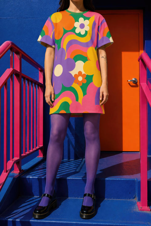 Short sleeve crew neck t-shirt dress in a relaxed, oversized straight cut, made of 100% polyester with a soft matte finish. An edge-to-edge all-over print shows pop-art daisies in cream, yellow, orange, and purple layered over wavy psychedelic stripes of hot pink, kelly green, orange, purple, and yellow. Retro 60s mod, flower power, psychedelic pop art, dopamine dressing maximalist alt fashion for festivals.