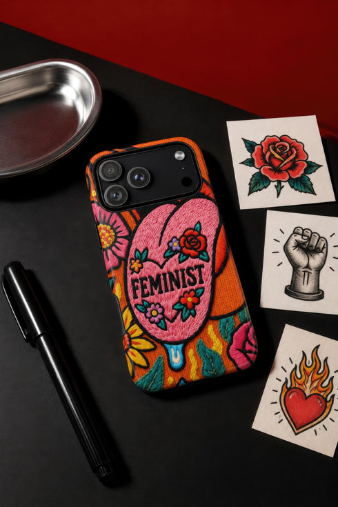 Dual layer matte phone case with a 2D print that mimics knit and embroidery texture. A retro open mouth with its tongue out sits over a pink heart stitched with the word FEMINIST in black letters, on an orange knit-look background filled with pink flowers, yellow sunflowers, red roses, purple and orange blooms, teal leaves, and a turquoise drip, all outlined in bold black. Smooth printed surface, open ports, camera cutout. Feminist maximalist phone accessory.