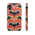 Dual layer matte phone case with a 2D print that mimics thick, heavy crochet yarn. Rows of stacked black bats repeat across a vibrant rust-orange background, accented with bright pink faux yarn bobbles and framed by cream arched lines. Smooth printed surface with no raised threads, open ports, and a precise camera cutout. Pastel goth, creepy cute, Summerween and Halloween phone accessory with a cozy handmade look.