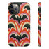 Dual layer matte phone case with a 2D print that mimics thick, heavy crochet yarn. Rows of stacked black bats repeat across a vibrant rust-orange background, accented with bright pink faux yarn bobbles and framed by cream arched lines. Smooth printed surface with no raised threads, open ports, and a precise camera cutout. Pastel goth, creepy cute, Summerween and Halloween phone accessory with a cozy handmade look.