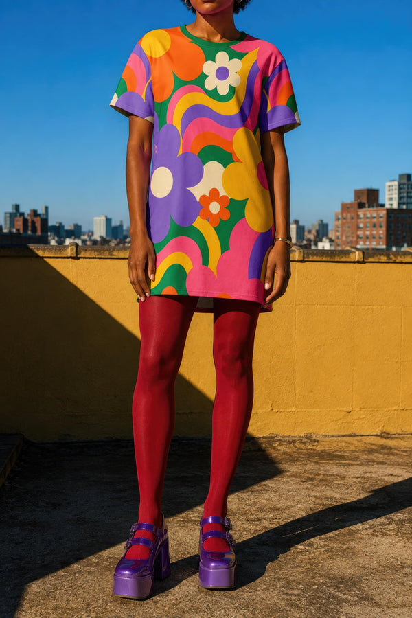 Short sleeve crew neck t-shirt dress in a relaxed, oversized straight cut, made of 100% polyester with a soft matte finish. An edge-to-edge all-over print shows pop-art daisies in cream, yellow, orange, and purple layered over wavy psychedelic stripes of hot pink, kelly green, orange, purple, and yellow. Retro 60s mod, flower power, psychedelic pop art, dopamine dressing maximalist alt fashion for festivals.