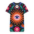 Short sleeve crew neck t-shirt dress in a relaxed, oversized straight cut, made of 100% polyester with a soft matte finish. An edge-to-edge all-over print on a true black background shows a large blue and white evil eye inside an orange wavy sunburst with a white jagged border, pink daisies with orange centers, white four-petal stars, and wavy blue and teal green leaves. Psychedelic whimsigoth, witchy celestial maximalist alt fashion.