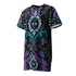 Short sleeve crew neck t-shirt dress in a relaxed, oversized straight cut, made of 100% polyester with a soft matte finish. An edge-to-edge all-over print on a black background shows ornate teal and grey damask scrollwork, purple roses with teal leaves, and a central evil eye framed by a decorative Victorian border and four-point stars. Gothic whimsigoth, dark romantic, witchy Victorian maximalist alt fashion.