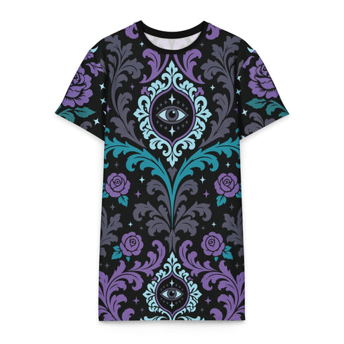 Short sleeve crew neck t-shirt dress in a relaxed, oversized straight cut, made of 100% polyester with a soft matte finish. An edge-to-edge all-over print on a black background shows ornate teal and grey damask scrollwork, purple roses with teal leaves, and a central evil eye framed by a decorative Victorian border and four-point stars. Gothic whimsigoth, dark romantic, witchy Victorian maximalist alt fashion.