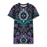 Short sleeve crew neck t-shirt dress in a relaxed, oversized straight cut, made of 100% polyester with a soft matte finish. An edge-to-edge all-over print on a black background shows ornate teal and grey damask scrollwork, purple roses with teal leaves, and a central evil eye framed by a decorative Victorian border and four-point stars. Gothic whimsigoth, dark romantic, witchy Victorian maximalist alt fashion.