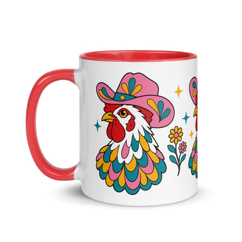 Glossy white ceramic coffee mug with a colored rim, inside, and handle and a full wraparound folk art print. Chickens wear pink cowboy hats with teal bands, yellow diamonds, flowers, and teardrop motifs. The birds have white heads, red combs and wattles, and layered pink, teal, and golden yellow feathers outlined in black. Pink and yellow flowers, teal leaves, and four-point starbursts fill the space between. Retro western kitchen decor.