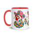 Glossy white ceramic coffee mug with a colored rim, inside, and handle and a full wraparound folk art print. Chickens wear pink cowboy hats with teal bands, yellow diamonds, flowers, and teardrop motifs. The birds have white heads, red combs and wattles, and layered pink, teal, and golden yellow feathers outlined in black. Pink and yellow flowers, teal leaves, and four-point starbursts fill the space between. Retro western kitchen decor.