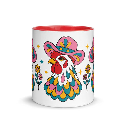 Glossy white ceramic coffee mug with a colored rim, inside, and handle and a full wraparound folk art print. Chickens wear pink cowboy hats with teal bands, yellow diamonds, flowers, and teardrop motifs. The birds have white heads, red combs and wattles, and layered pink, teal, and golden yellow feathers outlined in black. Pink and yellow flowers, teal leaves, and four-point starbursts fill the space between. Retro western kitchen decor.