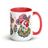 Glossy white ceramic coffee mug with a colored rim, inside, and handle and a full wraparound folk art print. Chickens wear pink cowboy hats with teal bands, yellow diamonds, flowers, and teardrop motifs. The birds have white heads, red combs and wattles, and layered pink, teal, and golden yellow feathers outlined in black. Pink and yellow flowers, teal leaves, and four-point starbursts fill the space between. Retro western kitchen decor.