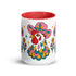 Glossy white ceramic coffee mug with a colored rim, inside, and handle and a full wraparound folk art print. Chickens wear pink cowboy hats with teal bands, yellow diamonds, flowers, and teardrop motifs. The birds have white heads, red combs and wattles, and layered pink, teal, and golden yellow feathers outlined in black. Pink and yellow flowers, teal leaves, and four-point starbursts fill the space between. Retro western kitchen decor.